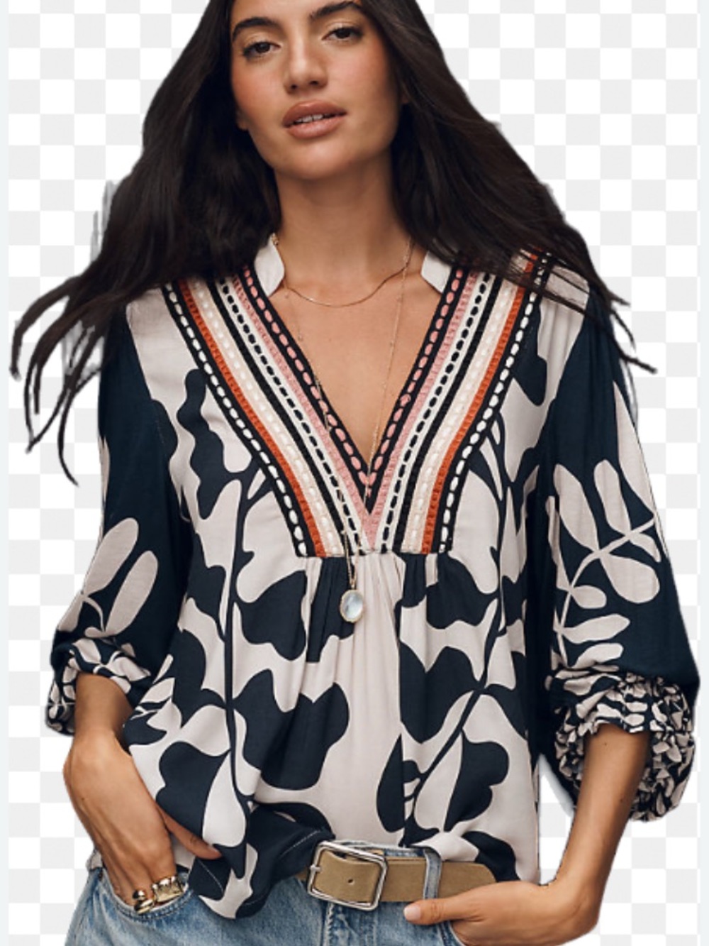 Anthropologie Black & Cream V-Neck Tunic with Coral and Pink Trim